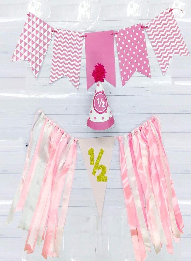 Untumble Half Birthday Decoration for Baby Girl - Pink Bunting Banner, 1/2 Birthday Cap, Triangle Bunting - Pack of 3 - Image 5